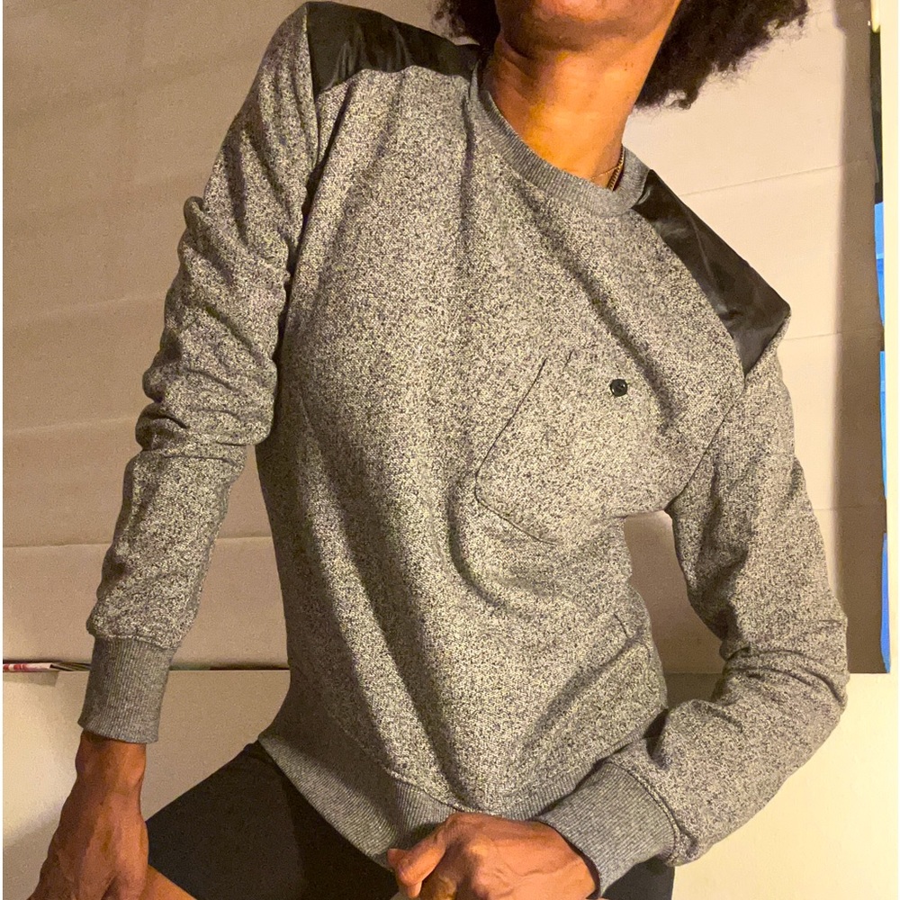 Men’s Sweater Grey with Black Leather Shoulder Detail